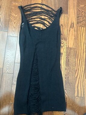 Ribbed Black Mini Dress with Distressed Slit Detail - Women's